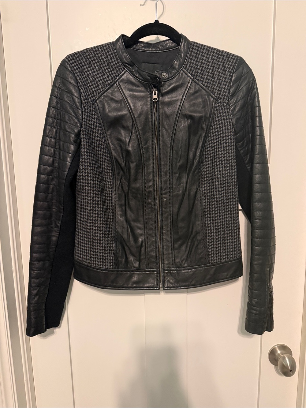 Trouve Black 100% Leather Moto Jacket with Houndstooth Panels